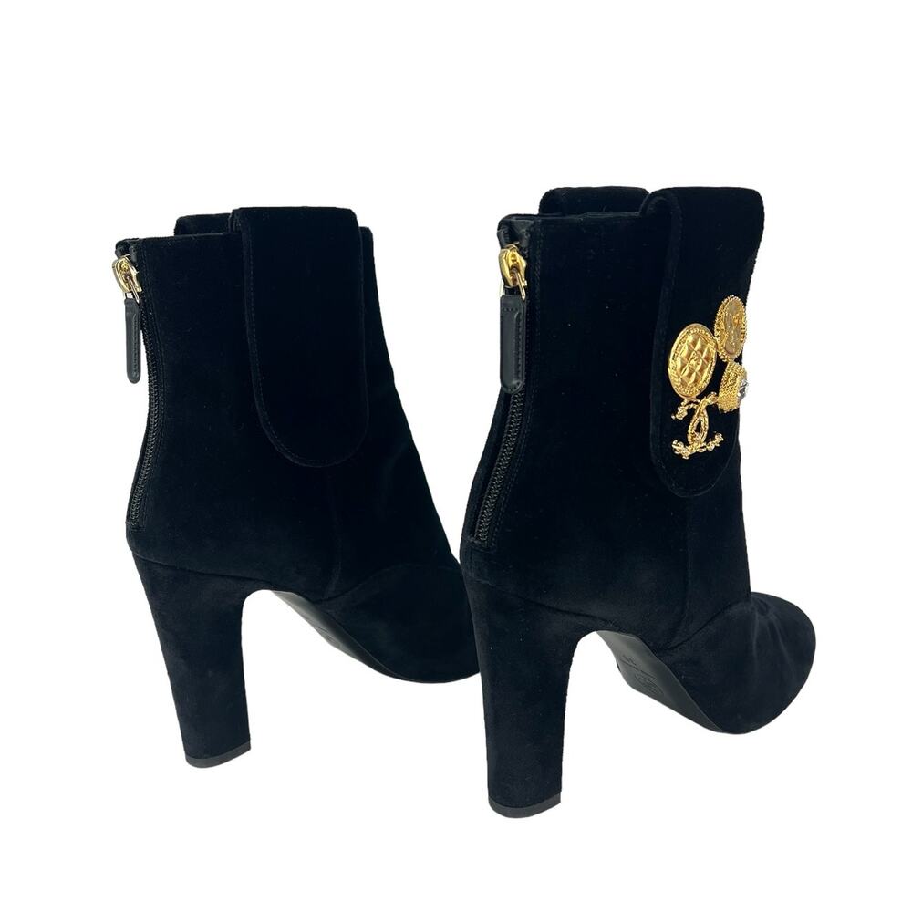 CHANEL Black Velvet Ankle Boots with Gold CC Medallion - Picture 9 of 16